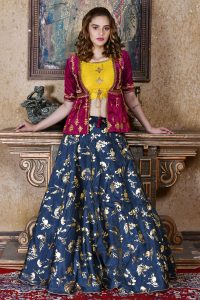 Navy Blue Embroidered Silk Tafetta Satin Festive Semi Stitched Lehenga