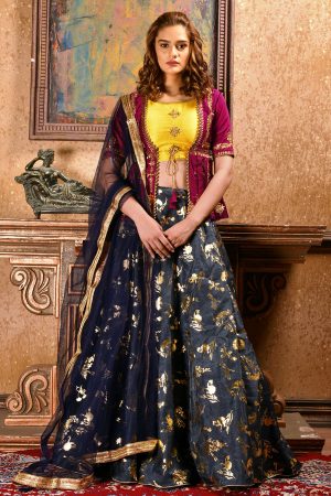 Navy Blue Embroidered Silk Tafetta Satin Festive Semi Stitched Lehenga