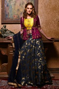 Navy Blue Embroidered Silk Tafetta Satin Festive Semi Stitched Lehenga