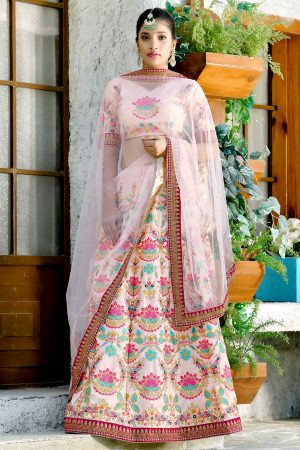 Peach Embroidered Silk Festive Semi Stitched Lehenga