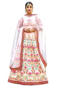 Peach Embroidered Silk Festive Semi Stitched Lehenga