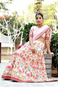 Peach Embroidered Silk Festive Semi Stitched Lehenga