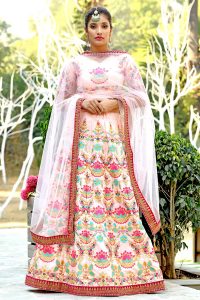 Peach Embroidered Silk Festive Semi Stitched Lehenga