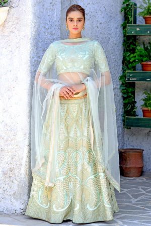 Mint Green Embroidered Silk Silk Festive Semi Stitched Lehenga