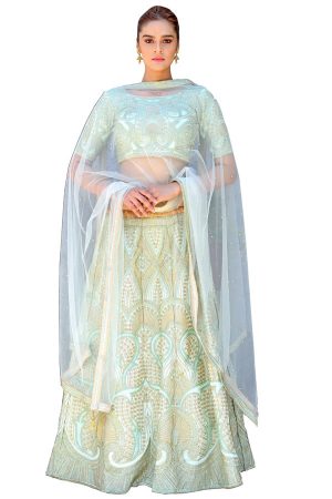 Mint Green Embroidered Silk Silk Festive Semi Stitched Lehenga