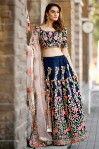 Navy Blue Embroidered Silk Festive Semi Stitched Lehenga