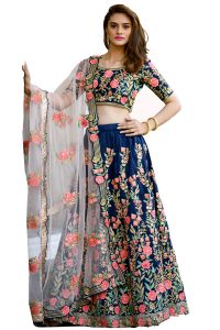 Navy Blue Embroidered Silk Festive Semi Stitched Lehenga