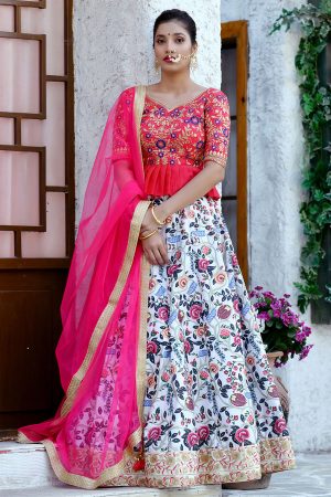 Mulit Color Embroidered Silk Festive Semi Stitched Lehenga