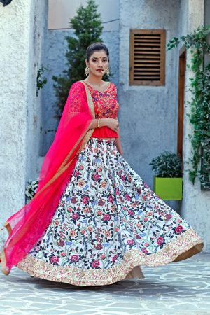 Mulit Color Embroidered Silk Festive Semi Stitched Lehenga