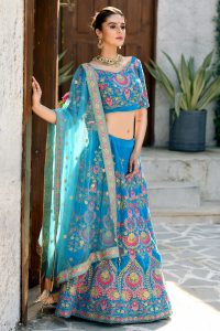 Sky Blue Embroidered Velvet Velvet Festive Semi Stitched Lehenga