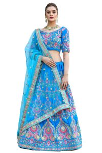 Sky Blue Embroidered Velvet Velvet Festive Semi Stitched Lehenga