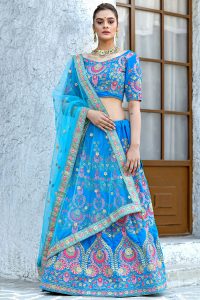 Sky Blue Embroidered Velvet Velvet Festive Semi Stitched Lehenga