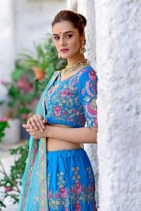 Sky Blue Embroidered Velvet Velvet Festive Semi Stitched Lehenga