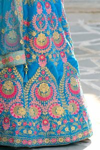 Sky Blue Embroidered Velvet Velvet Festive Semi Stitched Lehenga