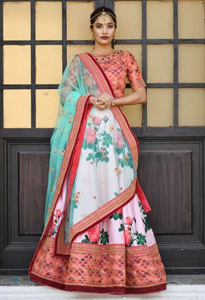 Pink Embroidered Silk Festive Semi Stitched Lehenga