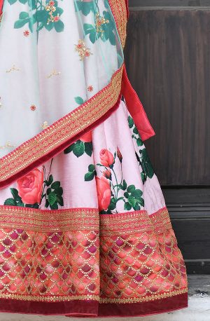 Pink Embroidered Silk Festive Semi Stitched Lehenga