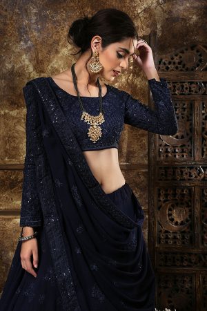 Navy Blue Embroidered Georgette Festive Semi Stitched Lehenga