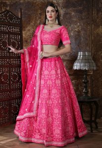 Pink Embroidered Silk Festive Semi Stitched Lehenga