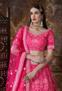 Pink Embroidered Silk Festive Semi Stitched Lehenga