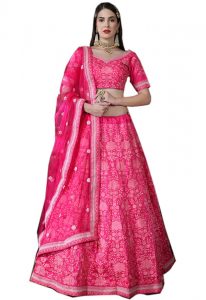 Pink Embroidered Silk Festive Semi Stitched Lehenga