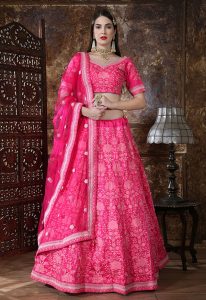 Pink Embroidered Silk Festive Semi Stitched Lehenga