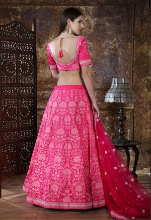 Pink Embroidered Silk Festive Semi Stitched Lehenga