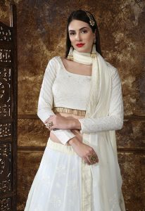 Off White Embroidered Georgette Festive Semi Stitched Lehenga