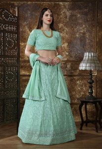 Mint Green Embroidered Georgette Festive Semi Stitched Lehenga