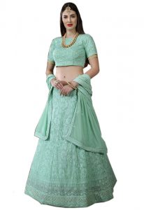 Mint Green Embroidered Georgette Festive Semi Stitched Lehenga