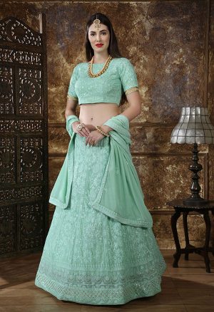 Mint Green Embroidered Georgette Festive Semi Stitched Lehenga