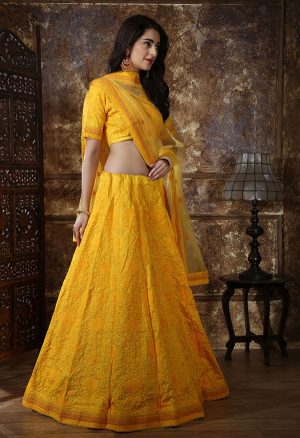 Yellow Embroidered Silk Festive Semi Stitched Lehenga