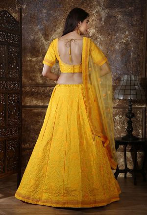 Yellow Embroidered Silk Festive Semi Stitched Lehenga