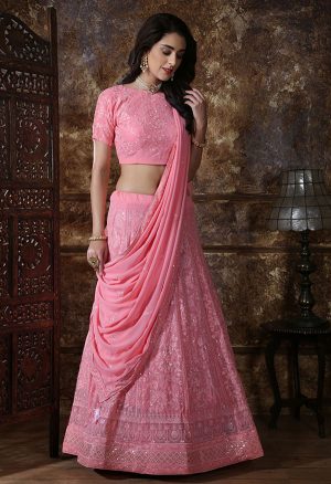 Dusty Pink Embroidered Georgette Festive Semi Stitched Lehenga