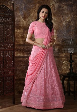 Dusty Pink Embroidered Georgette Festive Semi Stitched Lehenga