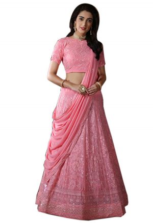 Dusty Pink Embroidered Georgette Festive Semi Stitched Lehenga