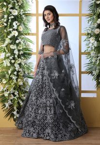 Grey Embroidered Net Wedding & Party Wear Semi Stitched Lehenga