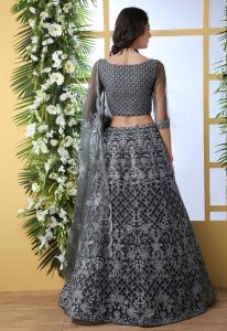 Grey Embroidered Net Wedding & Party Wear Semi Stitched Lehenga