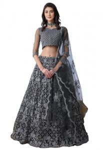 Grey Embroidered Net Wedding & Party Wear Semi Stitched Lehenga