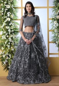 Grey Embroidered Net Wedding & Party Wear Semi Stitched Lehenga