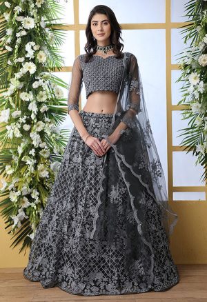 Grey Embroidered Net Wedding & Party Wear Semi Stitched Lehenga