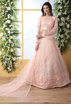 Peach Embroidered Net Wedding & Party Wear Semi Stitched Lehenga