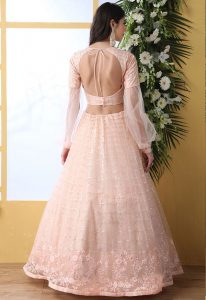 Peach Embroidered Net Wedding & Party Wear Semi Stitched Lehenga