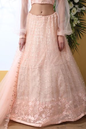 Peach Embroidered Net Wedding & Party Wear Semi Stitched Lehenga