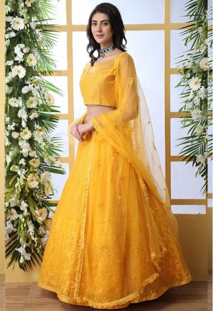 Mustard Yellow Embroidered Net Wedding & Party Wear Semi Stitched Lehenga