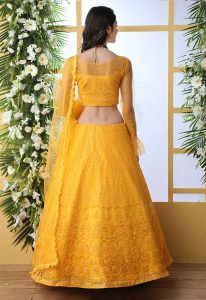 Mustard Yellow Embroidered Net Wedding & Party Wear Semi Stitched Lehenga