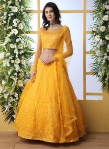 Mustard Yellow Embroidered Net Wedding & Party Wear Semi Stitched Lehenga