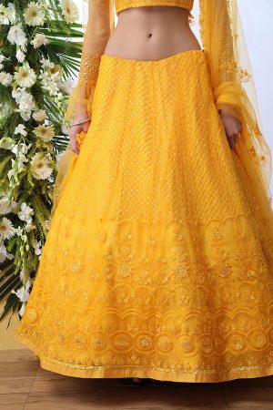Mustard Yellow Embroidered Net Wedding & Party Wear Semi Stitched Lehenga