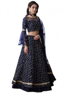 Navy Blue Embroidered Net Wedding & Party Wear Semi Stitched Lehenga