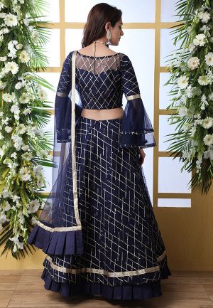 Navy Blue Embroidered Net Wedding & Party Wear Semi Stitched Lehenga