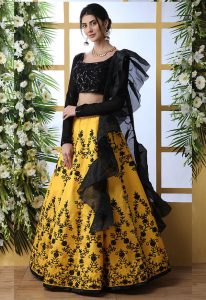 Yellow Embroidered Art Silk Wedding & Party Wear Semi Stitched Lehenga